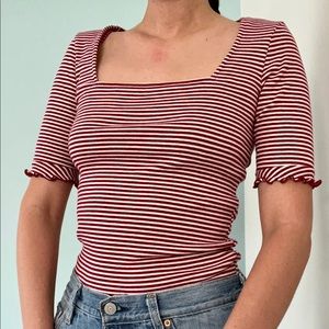 Anthropologie The Fifth Label Burgundy & White Striped Square Neck Top